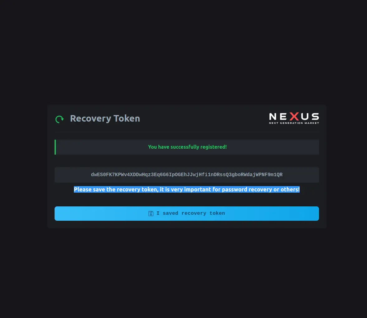 NEXUS Recovery Token Screen